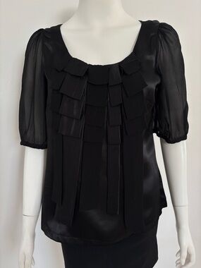 French Connection Black 100% silk Ruffle Front Puff Sleeve Blouse